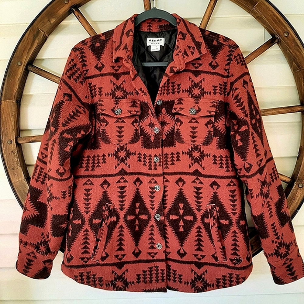 Ariat R.E.A.L Marsala Maroon Aztec Tribal Indian Blanket Shacket Jacket Large